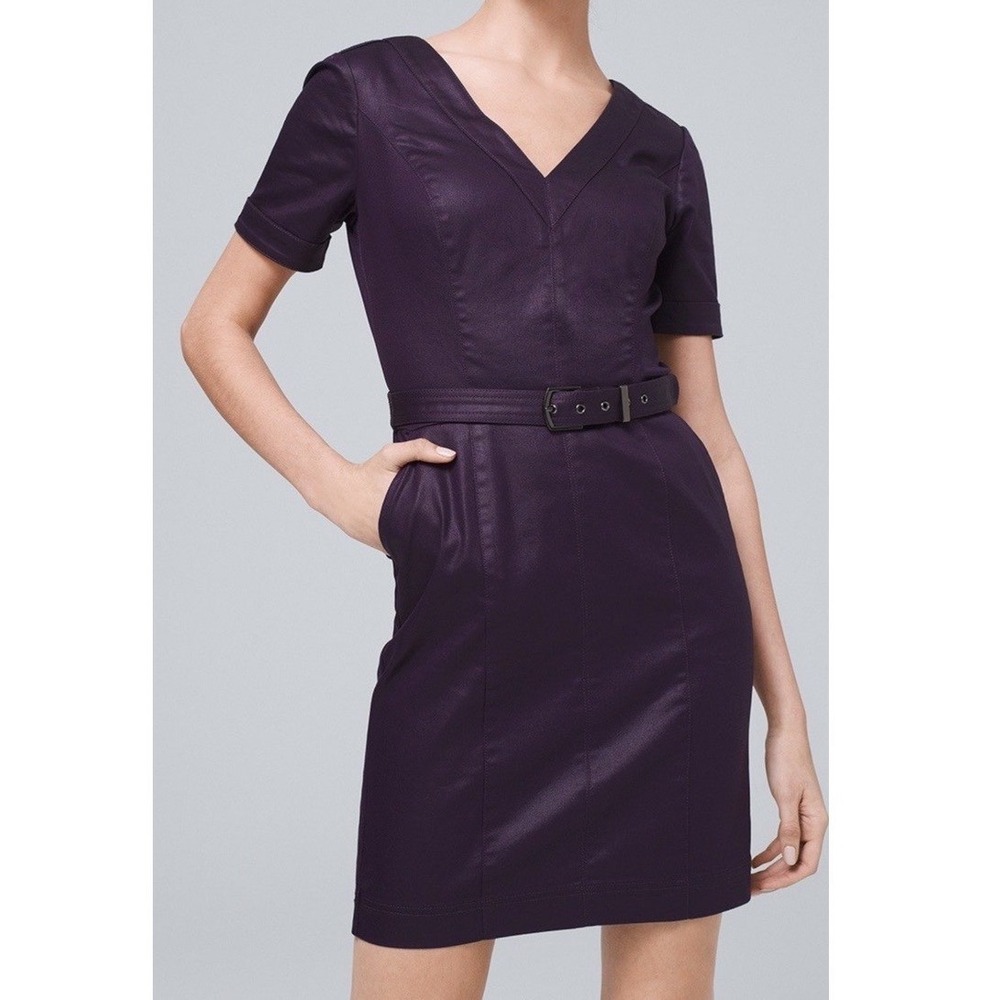 White House Black Market Coated Denim Sheath Dress Womens 6 Purple Belted V-Neck